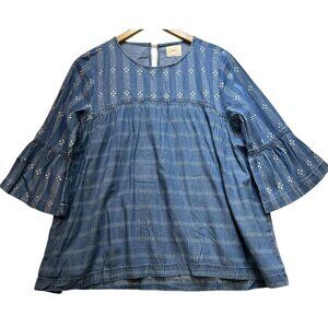 Harper Women's Chambray Bell Sleeve Babydoll Blouse Stretch Size M Blue White